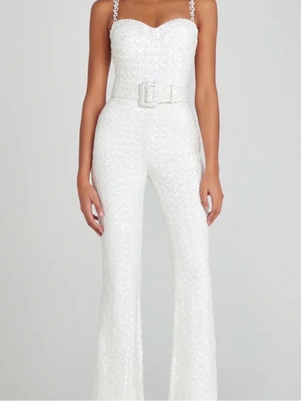 Nadine Merabi Sequin Jumpsuit with Belt - White